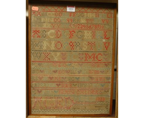 A William IV alphabet and number needlework sampler by Calder, aged 17, and dated 1833, 44 x 32cm