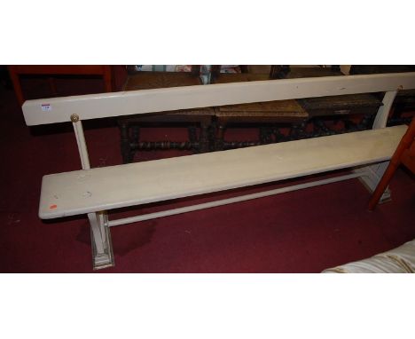 A painted pine long long waiting bench, length 183cm