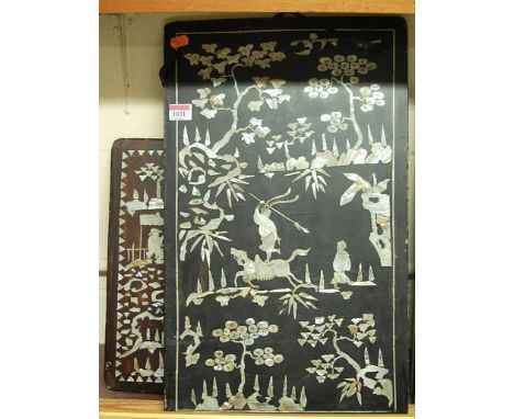 An early 20th century Japanese lacquered and mother of pearl inlaid wall panel, depicting figural landscape scene, 55 x 33cm;