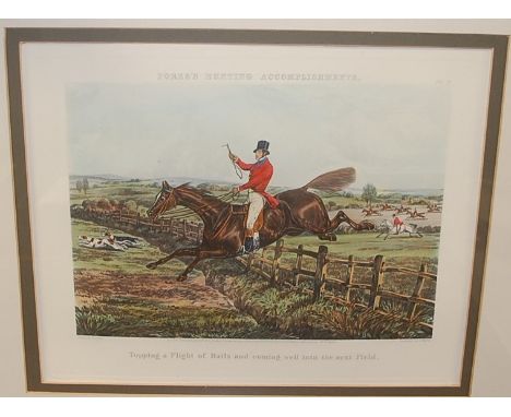 After Henry Alken - 'Topping a flight of rails and coming well in to the next field', colour engraving; together with three f