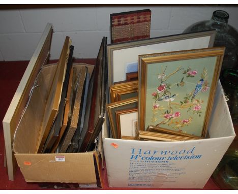 A collection of various pictures and prints to include; a floral tapestry embroidery etc
