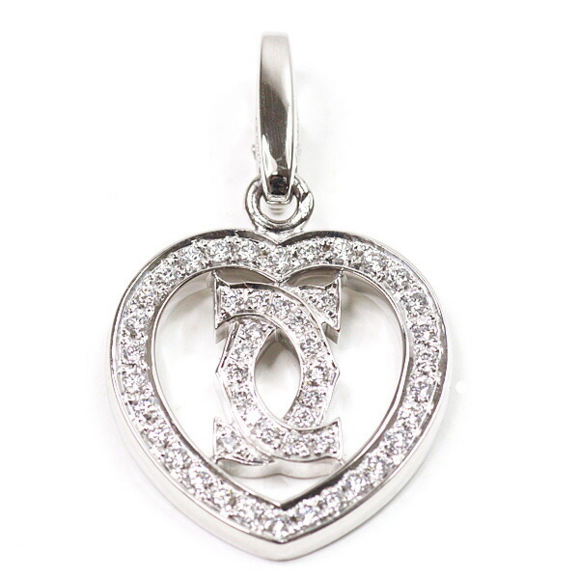 Cartier 2C Heart Diamond Pendant Top 750WG 18KWG Charm Finished