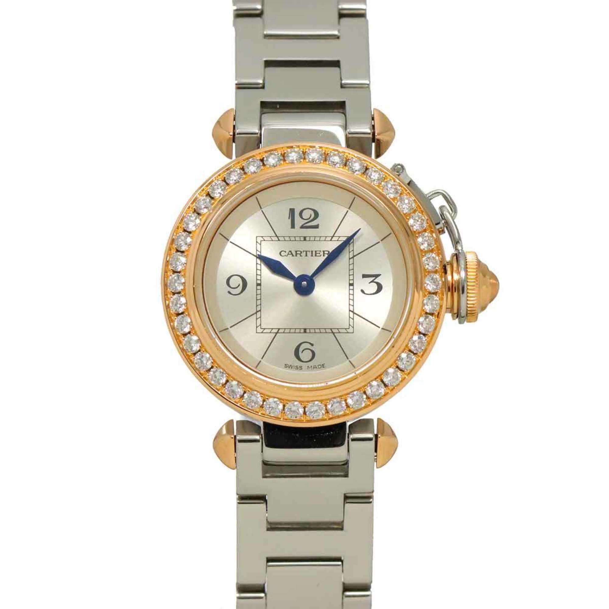 Cartier Miss Pasha Two-tone Watch WJ124021 Women's Diamond Bezel, Silver, 18K White Gold, and Pink G