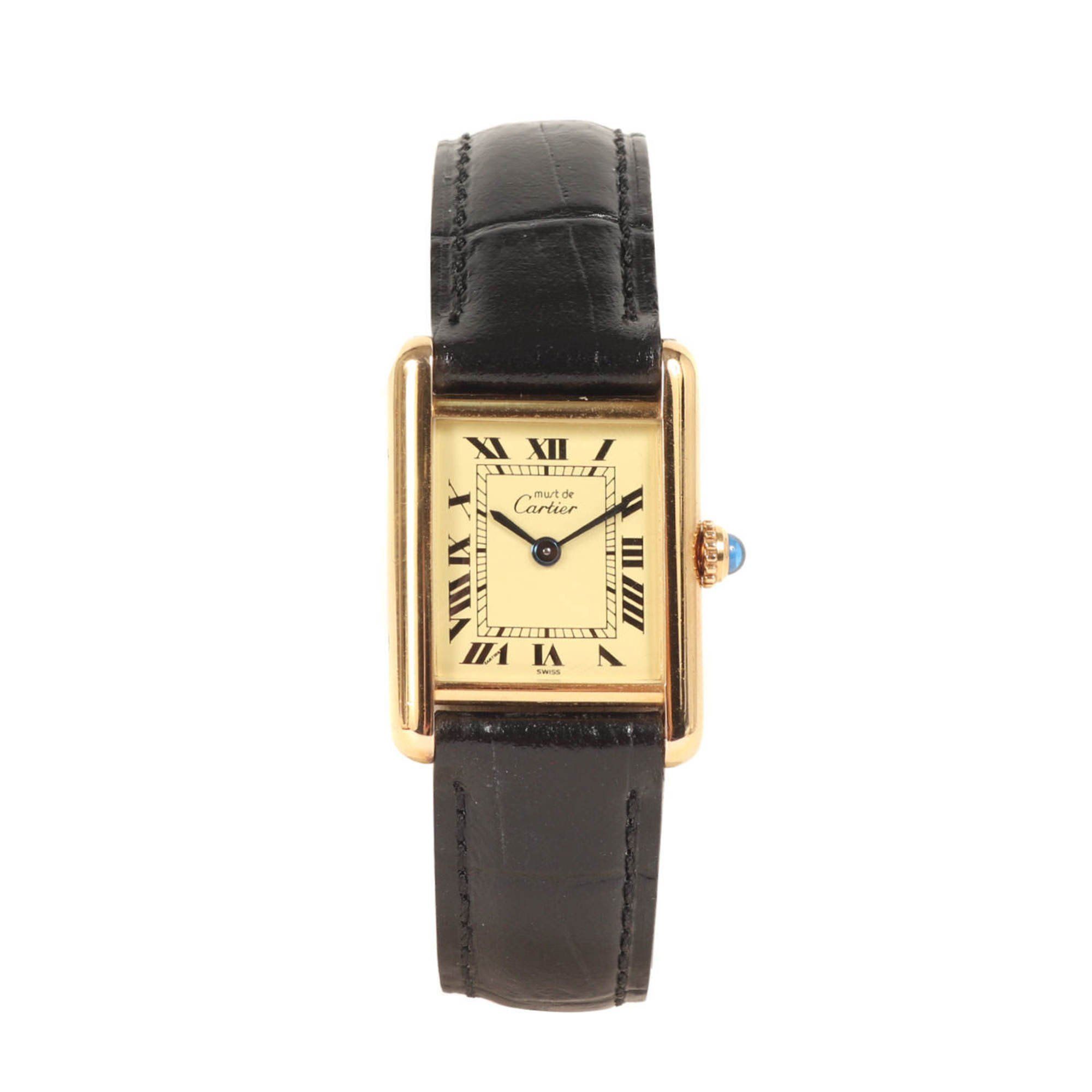 Cartier Must Tank Vermeil Small Gold/Black Watch, Size: Free, Embossed Strap, Square Quartz Movement