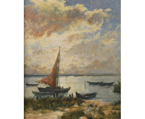 Hans Münnich, Am SeeuferBlick vom Ufer eines Sees mit einigen Booten, unter bewölktem Himmel mit durchbrechender Sonne, stimm