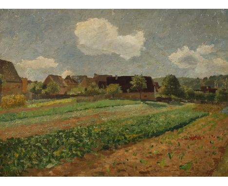 Otto Matthaei, attr., Feld am Dorfrandlichte Sommerlandschaft unter duftig bewölktem Himmel, hierzu vermerkt der Vorsitzende 