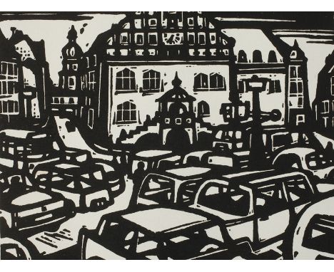 Lothar Rentsch, "Am alten Rathaus"Blick über parkende Autos auf dem Altmarkt von Plauen im Vogtland, mit dem historischen Rat