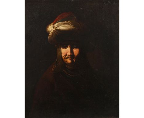 Mann mit Turbanspärlich beleuchtetes Portrait eines Herren mit Turban und Goldkette, vor dunklem Grund, Portraitmalerei mit g