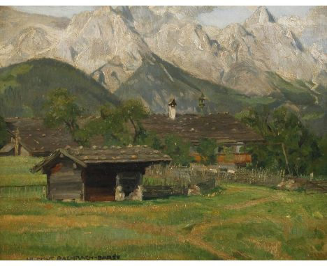 Helmut Bachrach-Barée, "Loferer Steinberge"sommerliche Alpenlandschaft mit Bauernhof, vor imposanter Hochgebirgskulisse, im h
