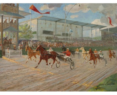 Hermann Sourell, "Mariendorf Trabrennen"sommerliche Rennszene auf der 1913 gegründeten Trabrennbahn im Berliner Ortsteil Mari
