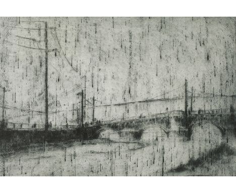 Lothar Rentsch, "Feuchter Tag"Blick auf die alte Elsterbrücke in Plauen im Vogtland, bei strömendem Regen, Radierung, links u