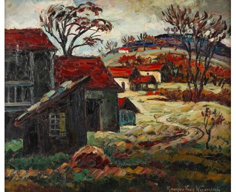 Prof. Maurice Vagh Weinmann, Herbstliches Dorfbewegte, herbstliche Landschaft mit einzelnen Gehöften, expressive, pastose Lan