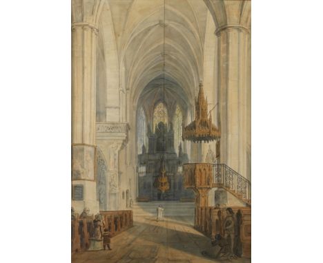 Ernst Hasse, attr., Kircheninterieurvom Licht durchfluteter gotischer Kirchenraum mit Priester und einigen Gläubigen, Aquarel