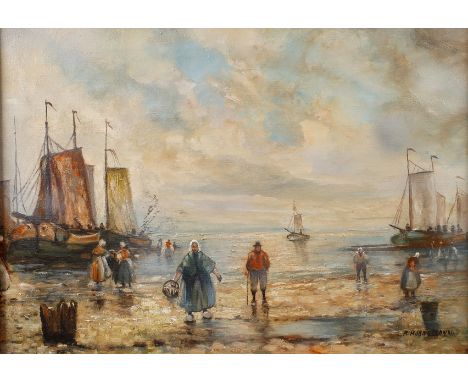 Rein Hornemann, attr., Fischer am Strandmorgendliche Wattlandschaft mit geschäftigem Treiben vor angelandeten Booten, gering 
