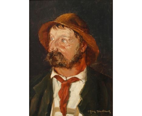 Carl Fey, "Tiroler Waldhüter"Portrait eines Mannes mit Hut und in die Ferne gerichtetem Blick, vor dunklem Grund, minimal pas