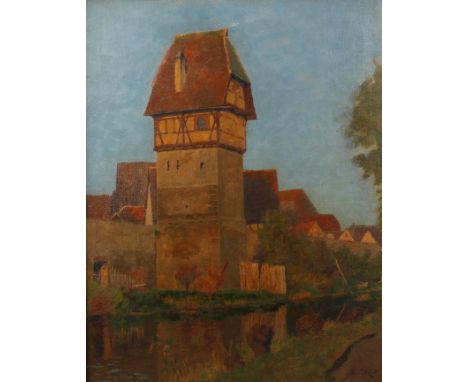 Hermann Petzet, Ansicht Dinkelsbühlsommerlicher Blick über die Wörnitz, auf den berühmten Bäuerlinsturm der mittelalterlichen