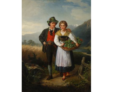 Emil Rau, Heimkehr von der Ernteabendliche Sommerlandschaft, mit jungem Paar in Tracht mit einem Korb Gemüse, vor reifendem K