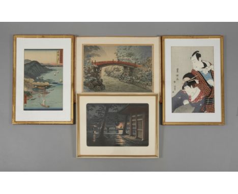 Vier Farbholzschnitte Japan, 20. Jh., alle signiert bzw. gestempelt, zwei Landschaftsdarstellungen, eine Nocturne sowie Portr