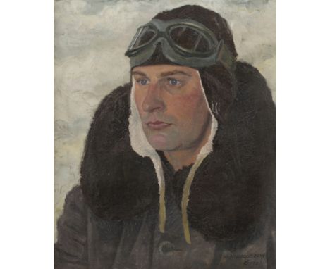 Korte, PilotenbildnisPortrait eines Piloten vom Fliegerhorst Wiener Neustadt mit Fliegerbrille und Jacke mit Pelzkragen, Öl a
