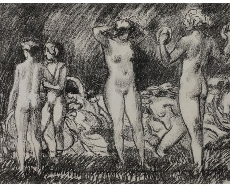 Ludwig von Hofmann, Beim Badenstehende nackte junge Frauen und Jünglinge in freier Natur, Lithographie, um 1920, rechts unten