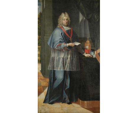 Portrait eines Bischofs, Barocküberlebensgroßes Ganzfigurenbildnis eines würdevollen Geistlichen mit grauer Perücke in Amtstr