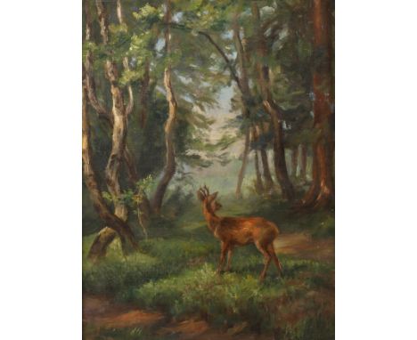 Karl Heinz Westenburger, Reh im Waldsommerliche Waldlandschaft mit Rehbock auf sonniger Lichtung, gering pastose Malerei, Öl 