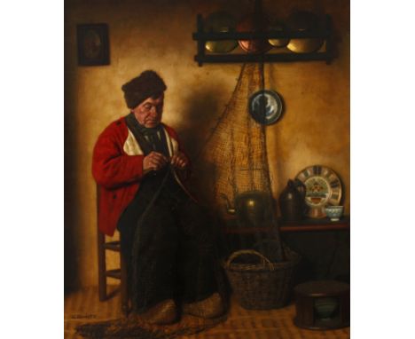 Wilhelm Gdanietz, NetzflickerFischer im Kücheninterieur, bei der Reparatur der Netze, lasierende Genremalerei, Öl auf Hartfas