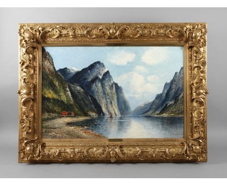 Olav Brystorp, Norwegischer Fjordsommerliche Ansicht des Bukkefjord [Bukkefjorden] mit Segelboot, vor steil aufragender Felsk