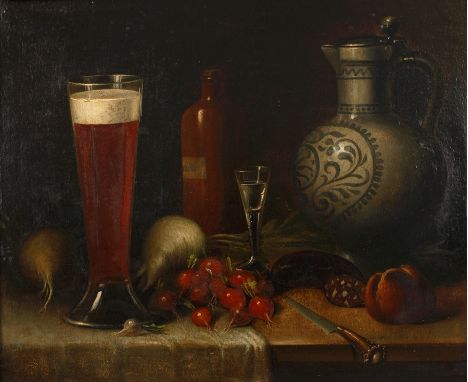 BrotzeitstilllebenArrangement aus Rettich, Radieschen, Wurst, Brötchen, Bier und Obstler, vor dunklem Grund, minimal pastose 