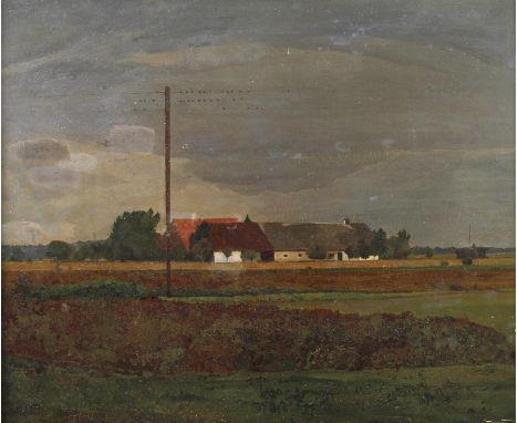 Giulio Beda, "Abendlandschaft"Gehöft in flacher Landschaft mit einigen Baumgruppen, im Licht des zur Neige gehenden Tages, un