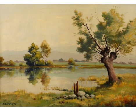 Karl Schmidt, TeichlandschaftBlick in weite ebene Sommerlandschaft, mit Kopfweide am Seeufer, im hellen Sonnenlicht, gering p