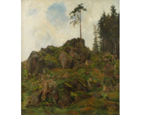 Otto Westphal, "Fichte auf Felsen"von Gras und Moos bewachsener Felsen, am Waldrand mit einzelner Fichte, leicht pastose Land