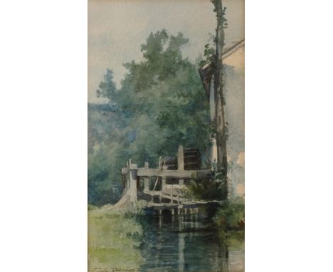 Prof. Émile Delperée, Mühle in Sommerlandschaft Blick über einen Mühlgraben auf ein Gebäude mit zwei unterschlächtigen Mühlrä
