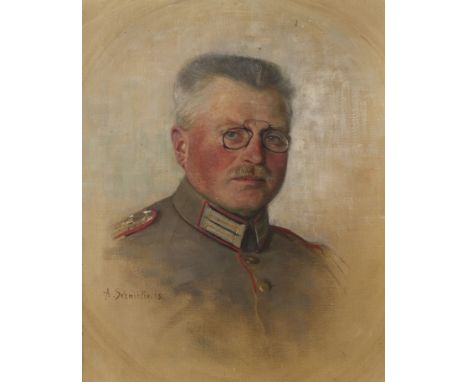 Adolf Schmidlin, SoldatenbildnisKopfbildnis eines grauhaarigen Mannes mittleren Alters, mit Kneifer, in Uniform, vor lichtem 