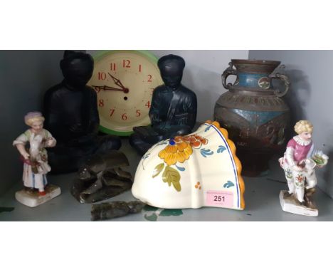 Mixed ceramics to include a pair of porcelain figures stamped to bases, a floral painted wall hanging posie and a mid 20th ce