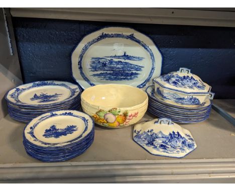 Mixed ceramics to include a Clarice Cliff fruit basket bowl, Royal Doulton Norfolk pattern china to include 9 8" plates, 9 9½