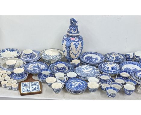 Blue and white ceramics to include Olde Alton Ware dinner service, Burleigh ware Willow pattern and a large Delft vase and co