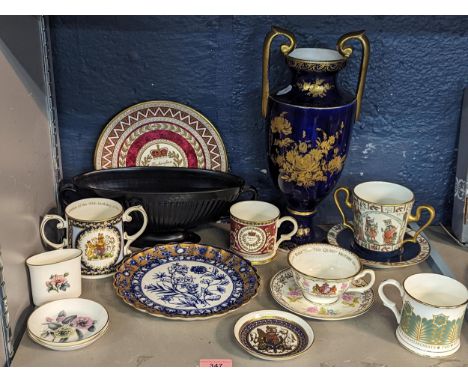 Mixed ceramics to include Copeland blue and white and gilt plate, Dresden twin handled vase A/F, Royal Worcester, Royal Famil