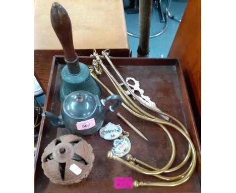 A mixed lot to include a Pedigree doll, a vintage hand bell, a carved Brazilian nut, a gold plated propelling pencil and Oakl