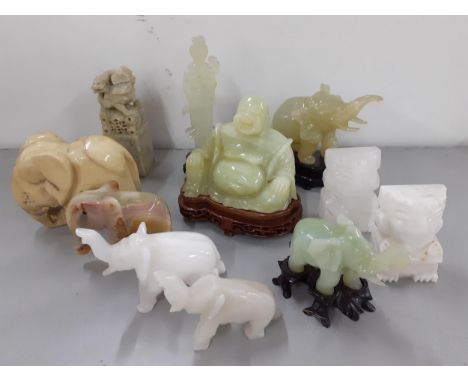 A quantity of jade, jadeite and onyx collectables to include model elephants and buddhasLocation: RAF 