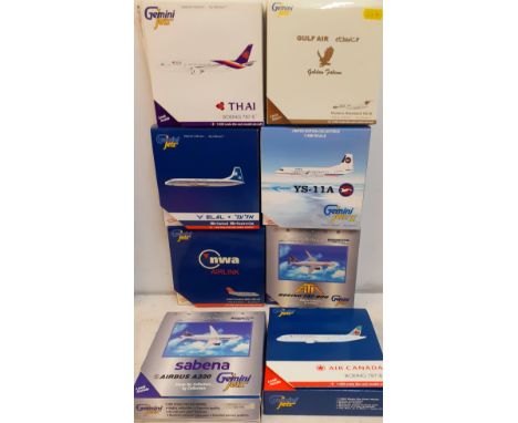 Gemini Jets-A collection of 8 commercial diecast aircraft models, 1:400 scale to include Thai Airlines, Gulf Air, El Al, PBA,