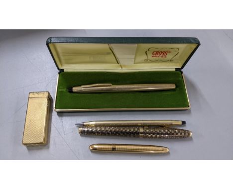 A Shaffer Triumph Imperial gold plated fountain pen, a Cross century ballpoint and rollerball, a s pace pen by Fisher and a D