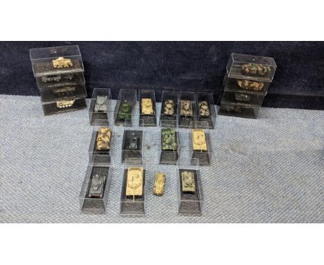 A quantity of 22 Perspex cased (except one) diecast army vehicles to include mainly tanks, varying in sized 8cm-10cm in lengt