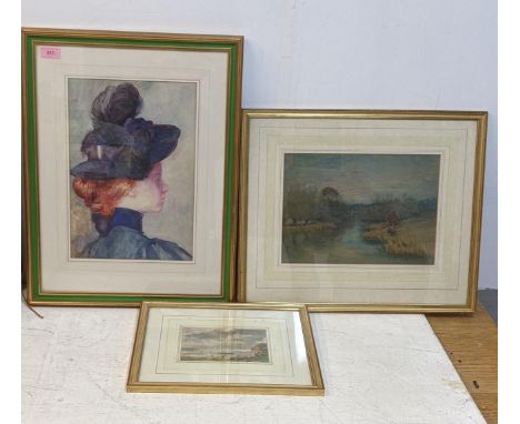 Watercolours to include a coastal scene, a river scene and an Edwardian portrait Location: 
