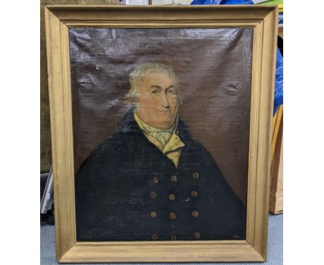 An early 19th century oil on canvas portrait of William Buttle Esquire, 73cm x 60cm, framed, with information to the reverse 