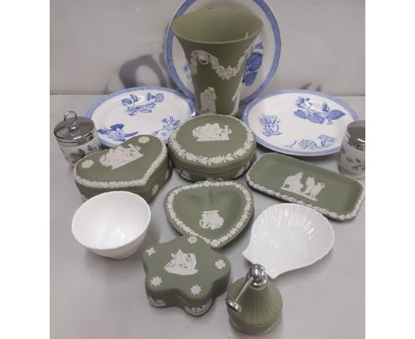 A quantity of green Wedgwood Jasperware to include a vase and trinket pots together with 2x Royal Worcester egg coddlers and 