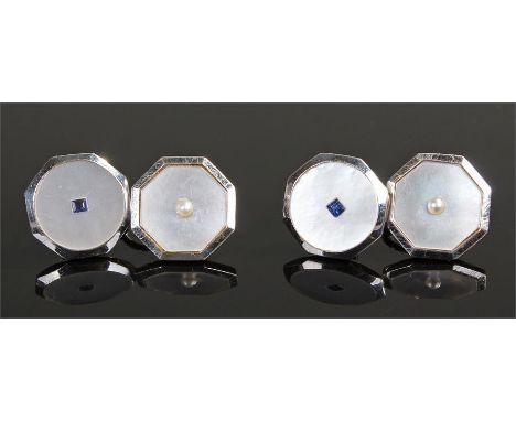 9 carat white gold mother or pearl and sapphire cufflinks, the polygon cufflinks with sapphire and pearl centres, 12mm diamet