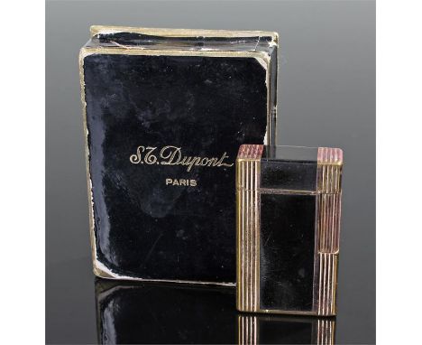 DuPont lighter, the gold plated lighter with black enamel bands, cased, the lighter 6cm high