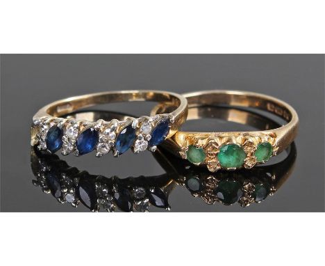 Two 9 carat gold rings, the first with emeralds, ring size O, the second with sapphires, ring size M, (2)