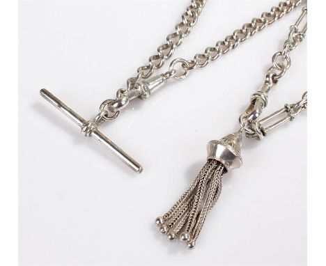 Two silver pocket watch chains, the first with long links, clip, T bar and finial, the second with T bar and clip, total weig